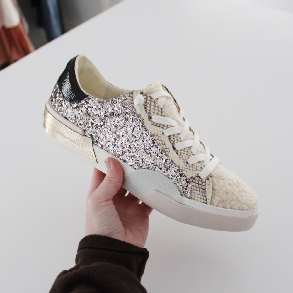 Dolce Vita Zina Leather Shearling Sneakers in Silver Multi Glitter NWOB - Picture 6 of 13